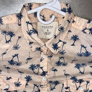 Sonoma Life + Style Palm Tree Flamingo Print Button‎ Down Pink Women's Large